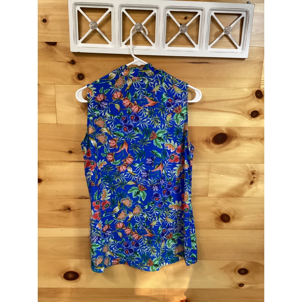 Rose + Olive Women Blue Floral Sleeveless Blouse V-Neck Tropical Top Large - Picture 3 of 7